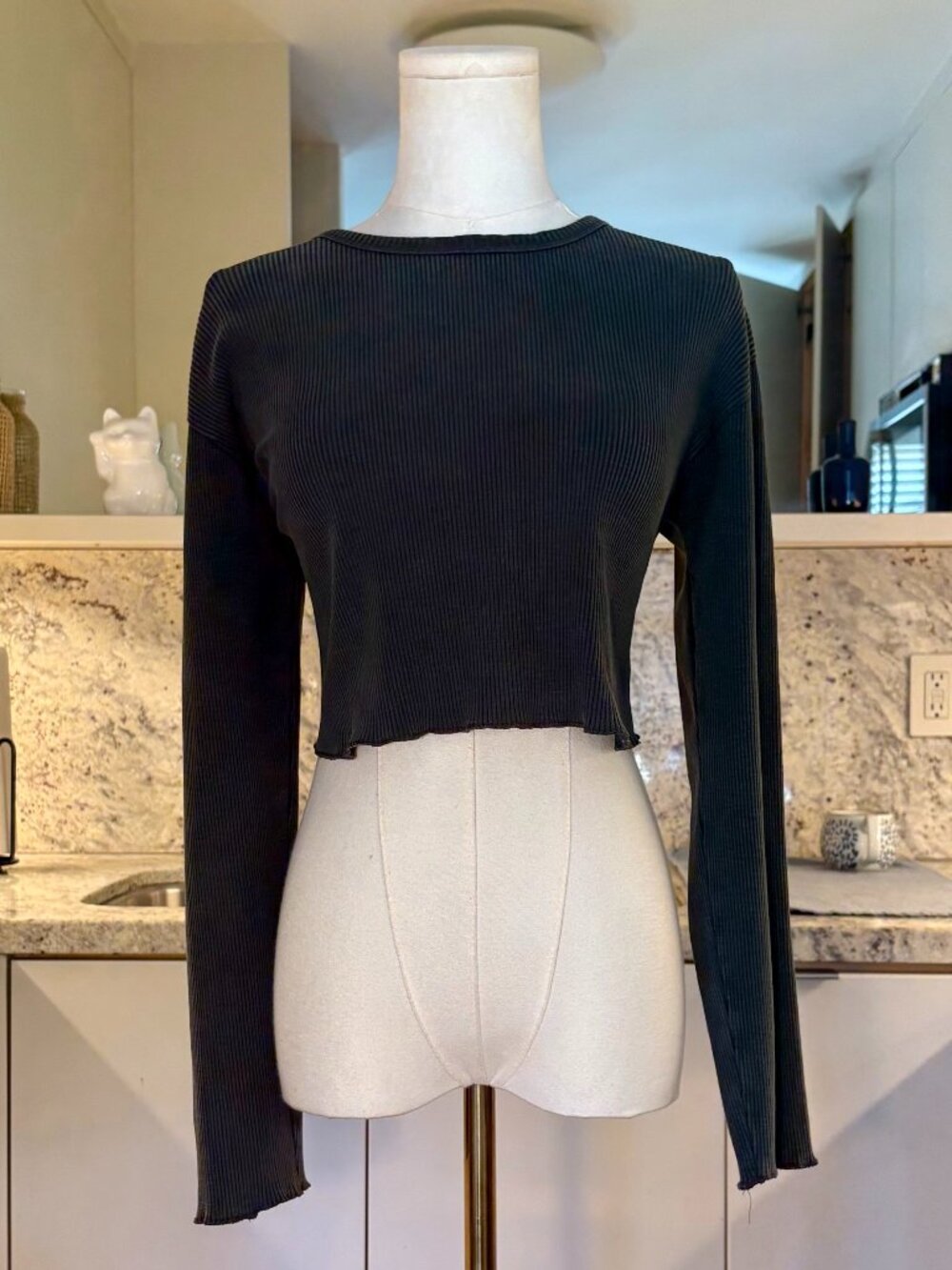 Zara Cropped Ribbed Long Sleeve Lettuce Hem Top - Small